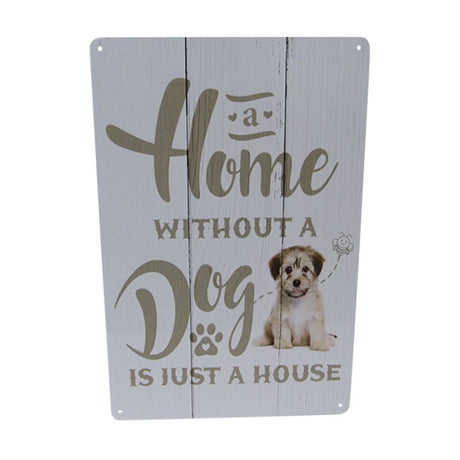 Retro tin art sign featuring a playful dog design, perfect for dog lovers to enhance home decor, measuring 30cm x 20cm.