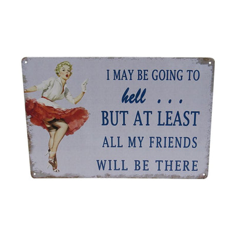 Vibrant 30cm retro tin sign featuring quirky "Hell Friends" design, perfect for home decor and conversation starters.