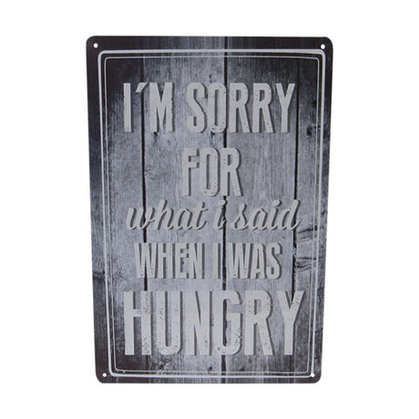 Retro tin art sign "Hungry," 30cm x 20cm, featuring bold colors and a playful food theme for kitchens and cafes.