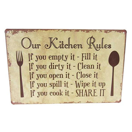 Vintage-inspired tin sign featuring kitchen rules, retro design, 30cm x 20cm, perfect for decor and family gatherings.