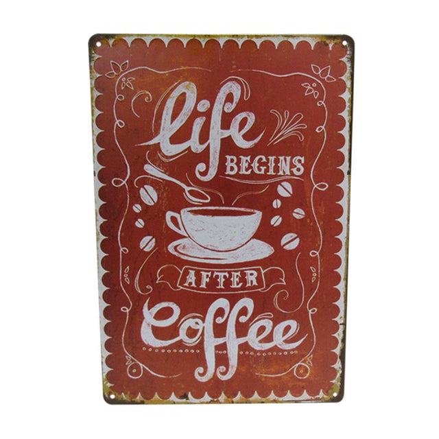 Retro coffee-themed tin art sign measuring 30cm x 20cm, perfect for adding charm to cafes or kitchens.