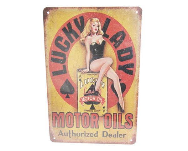 Vintage-themed tin sign featuring a charming "Lucky Lady," perfect for adding character to any wall.