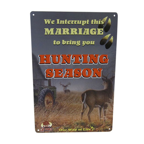 Quirky 30cm tin wall art sign titled "Marriage Hunting," perfect for adding humor to any decor style.