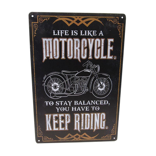 Vibrant 30cm x 20cm "Keep Riding" tin art sign for motorcycle enthusiasts, blending retro style with modern flair.