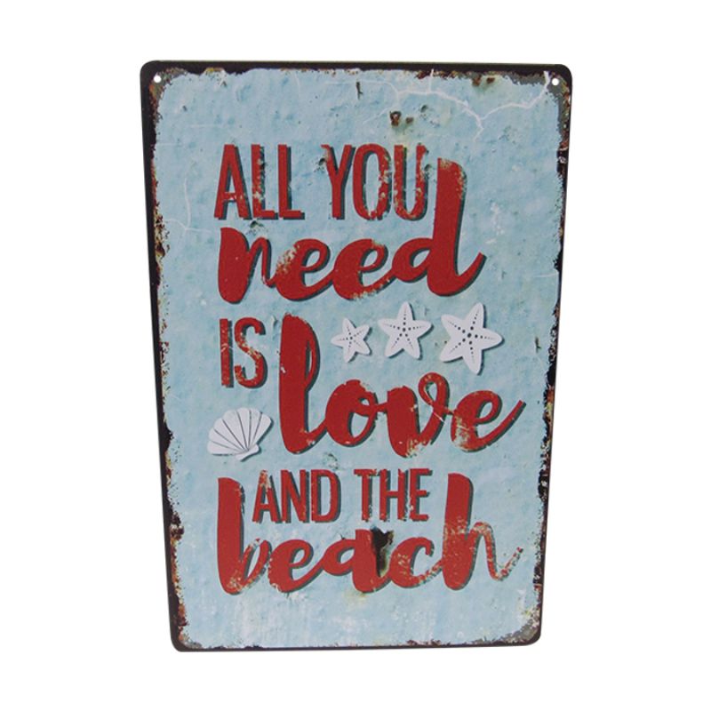 Retro tin art sign featuring vibrant beach designs, perfect for coastal home decor, measuring 30cm x 20cm.