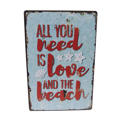 Retro tin art sign featuring vibrant beach designs, perfect for coastal home decor, measuring 30cm x 20cm.