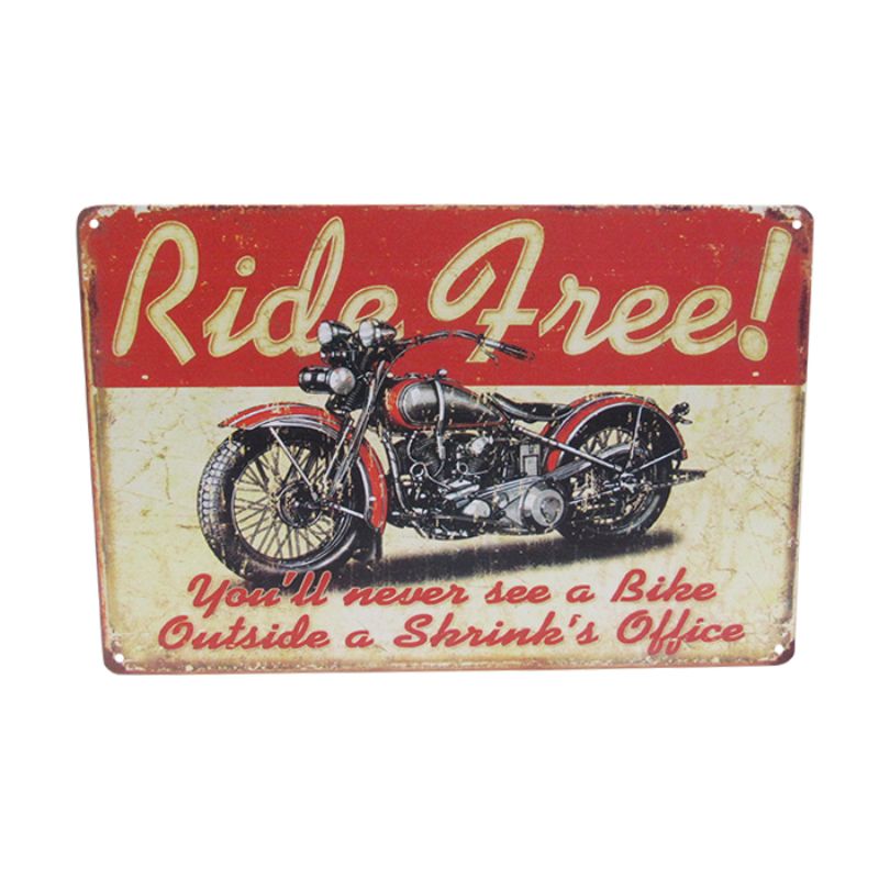 Vibrant retro tin art sign measuring 30cm x 20cm, celebrating adventure and freedom for motorcycle enthusiasts.