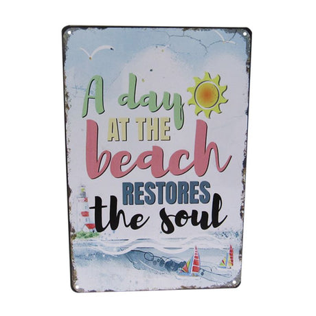 Retro beach-themed tin sign, 30cm x 20cm, featuring vibrant colors and a carefree coastal vibe. Perfect for home decor.