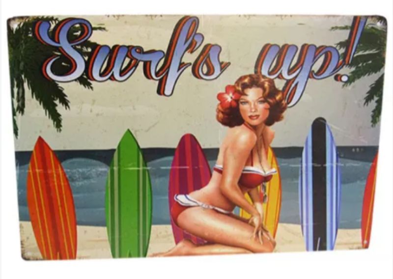 Retro tin art sign measuring 30cm x 20cm, featuring vibrant surf culture design for coastal-inspired decor.