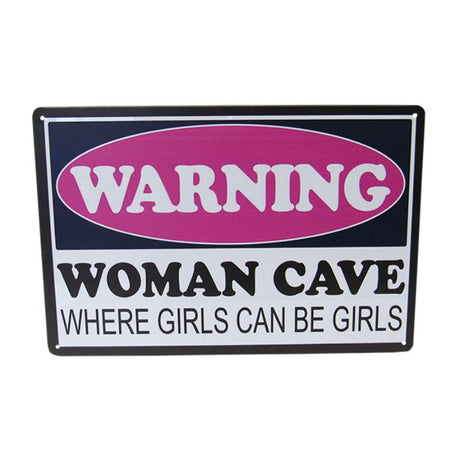 Retro tin art sign featuring "Woman Cave" design, measuring 30cm x 20cm, perfect for adding charm to personal spaces.