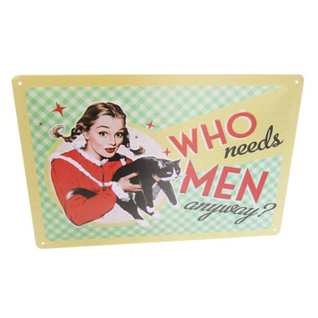 Quirky retro metal sign "Who Needs Men" measuring 30cm x 20cm, perfect for adding humor to any decor.