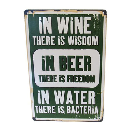 Retro tin art signs for wine, beer, and water, perfect for home decor, measuring 30cm x 20cm with vibrant designs.