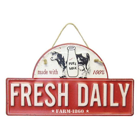Vintage Fresh Milk Tin Sign Hanger with rustic design, rope for easy hanging, perfect for farmhouse or kitchen decor.