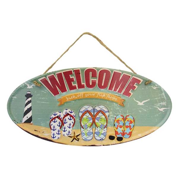 Vibrant Flip Flop Welcome Tin Sign with rope hanger, perfect for beach decor, measuring 40 x 19.5 cm.