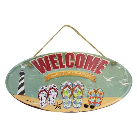 Vibrant Flip Flop Welcome Tin Sign with rope hanger, perfect for beach decor, measuring 40 x 19.5 cm.