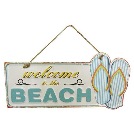 Beach Welcome Tin Sign featuring vibrant colors and fun typography, perfect decor for coastal-themed spaces.