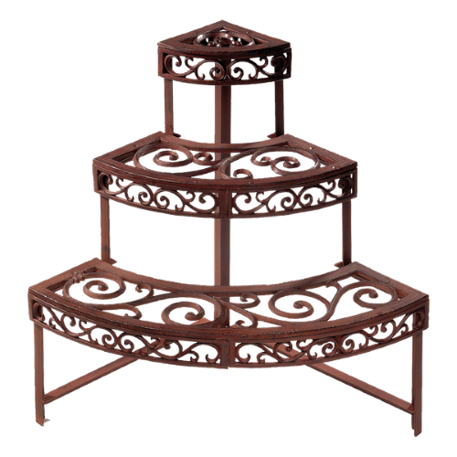 Elegant cast iron half-round etagere with three 17 cm deep shelves, perfect for displaying plants and collectibles.