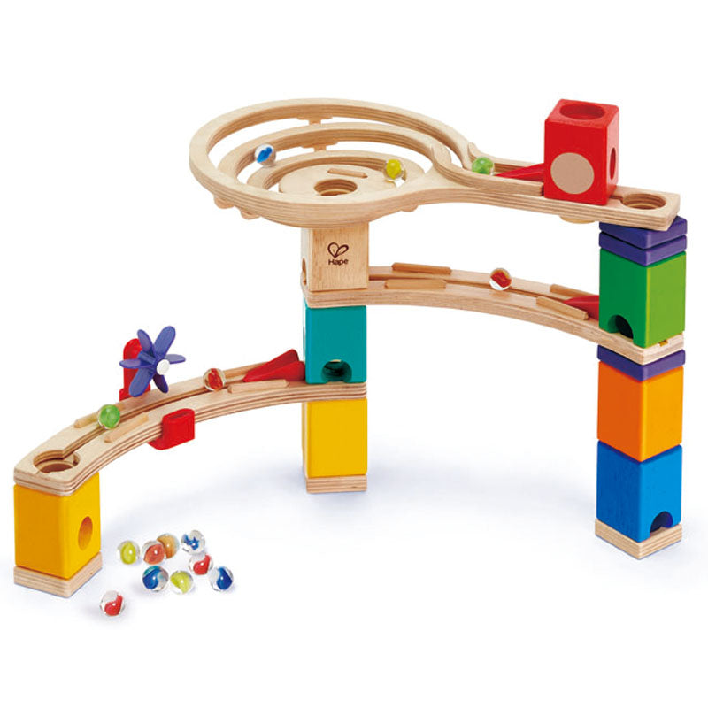 Colorful Hape marble run set for kids 4+, fostering creativity and STEM learning as marbles race down customizable tracks.