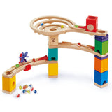 Colorful Hape marble run set for kids 4+, fostering creativity and STEM learning as marbles race down customizable tracks.