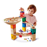 Colorful Hape marble run set for kids 4+, promoting creativity, STEM learning, and fine motor skills through customizable tracks.