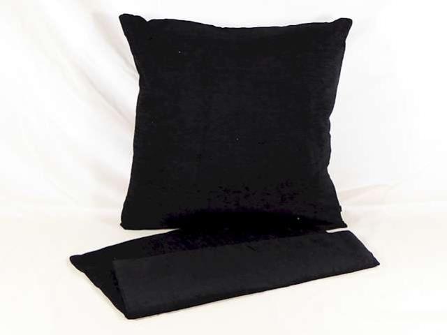 Plain textured black cushion cover made from thick, durable fabric with zip closure for easy washing, measuring 44cm x 44cm.