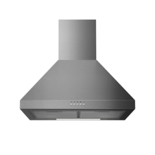 Sleek stainless steel 60cm Midea Canopy Rangehood with 400m3/h airflow, 3 speeds, LED bulbs, and an easy-care grease filter.