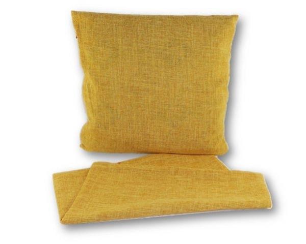 Linen look mustard yellow cushion cover, 44cm x 44cm, premium thick fabric, features zip for easy washing, brightens home decor.