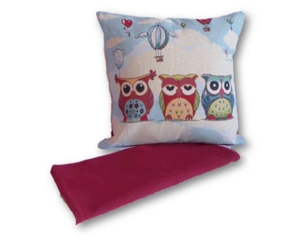 Whimsical cushion cover featuring owls and balloons, crafted from durable fabric, perfect for home decor and easy maintenance.