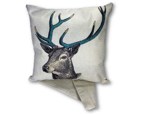 Cushion cover featuring a rustic stag design, made from thick fabric, measuring 44cm x 44cm, with easy access zip for maintenance.