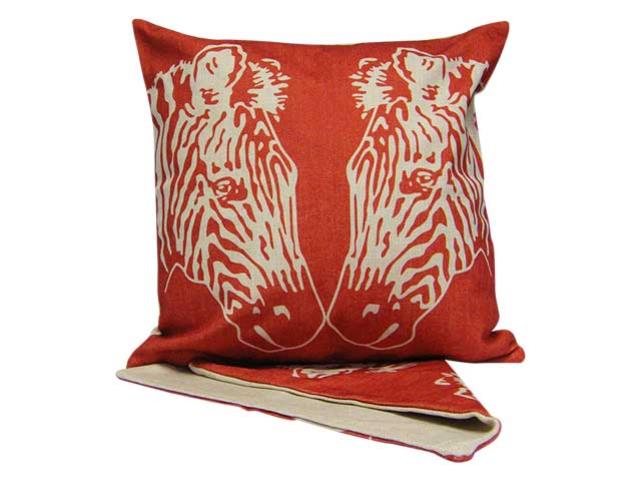 Vibrant red and black zebra print cushion cover, 44cm x 44cm, made from thick fabric with an easy access zip for washing.