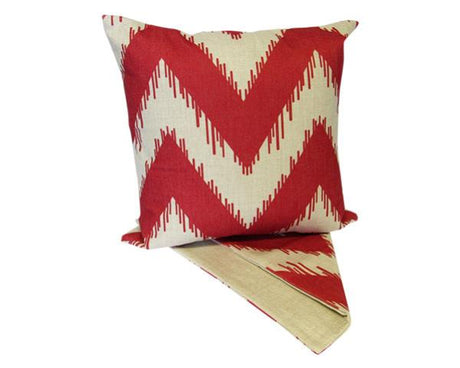 Vibrant red zigzag cushion cover in thick fabric, perfect for stylish home decor, with easy-zip for washing, 44cm x 44cm.