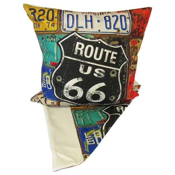 Cushion cover featuring a retro Route 66 plates design, ideal for vintage-themed home decor.