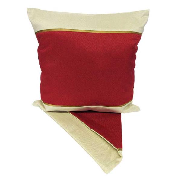 Luxurious red cushion cover with gold accents, perfect for adding elegance to any home decor. 44cm x 44cm with zip closure.