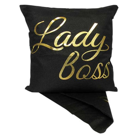 Stylish 'Lady Boss' cushion cover in thick fabric, 44cm x 44cm, featuring a zipper for easy washing and adding inspiration to any space.