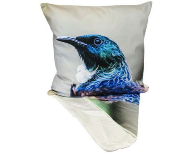 Tui Cushion Cover featuring a vibrant Tui bird design, measuring 44cm x 44cm, perfect for stylish home decor.