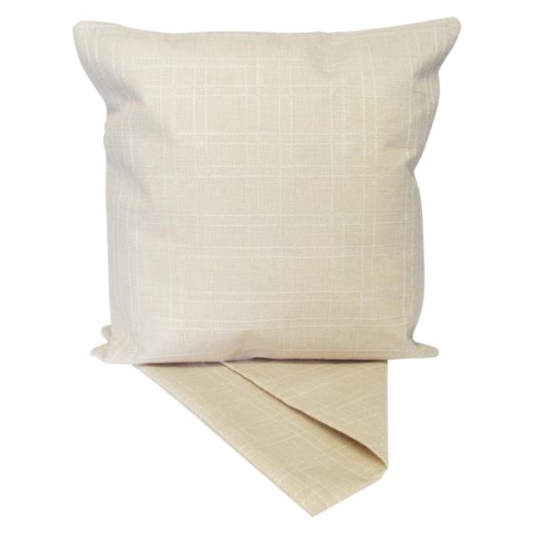 Textured cream cushion cover with square design, measuring 44cm x 44cm, featuring easy zip access for cleaning.