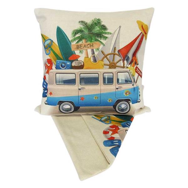 Colorful cushion cover featuring "Happy Campers Surf Combi" design, perfect for adding outdoor flair to any living space.