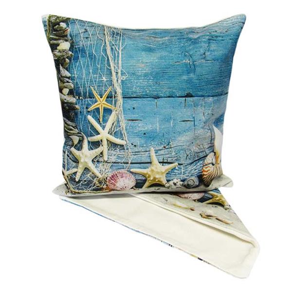 Vibrant beach still life cushion cover in thick fabric, 44cm x 44cm, perfect for coastal-themed home decor.