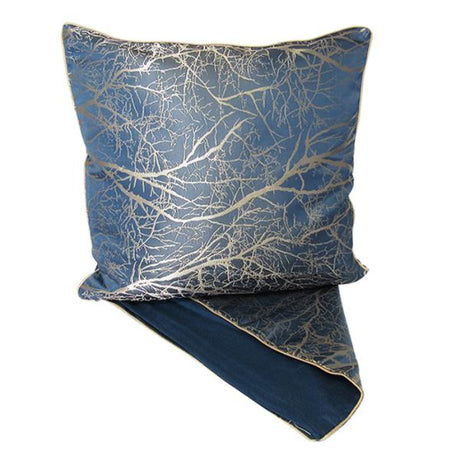 Elegant silver on blue cushion cover in premium thick fabric, 44cm x 44cm, with durable zip for easy washing.