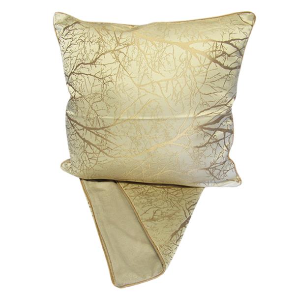 Gold-patterned cushion cover on cream fabric, 44cm x 44cm, features easy-access zip for washing. Perfect for home decor.