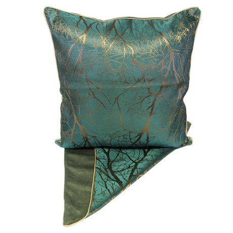 Cushion cover featuring a vibrant gold design on rich green fabric, perfect for adding elegance to any room.