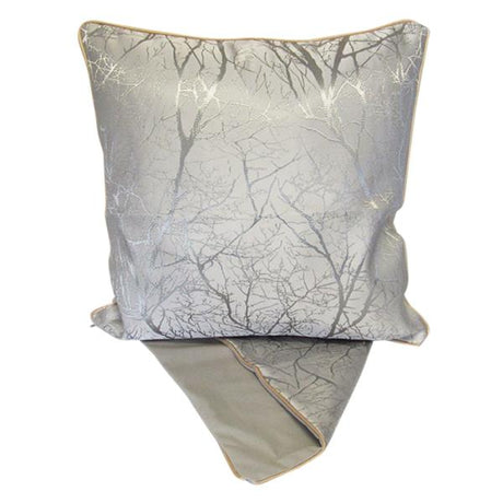 Elegant silver and pewter cushion cover, 44cm x 44cm, crafted from thick fabric with easy-access zip for washing.