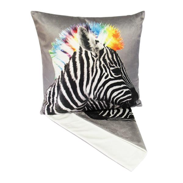 Plush zebra-patterned cushion cover, 44cm x 44cm, vibrant fabric with easy zip access for washing, ideal for stylish home decor.