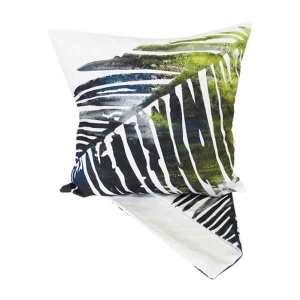 Cushion cover featuring a bold palm design, crafted from premium fabric, perfect for adding style to any room.