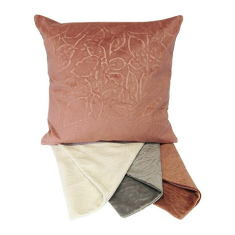 Set of 3 poly-velvet cushion covers featuring double-sided embossed leaves pattern, perfect for home decor.