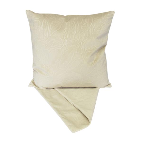 Cream cushion cover with embossed leaf design, perfect for stylish home decor, featuring easy-access zip and 44cm x 44cm size.