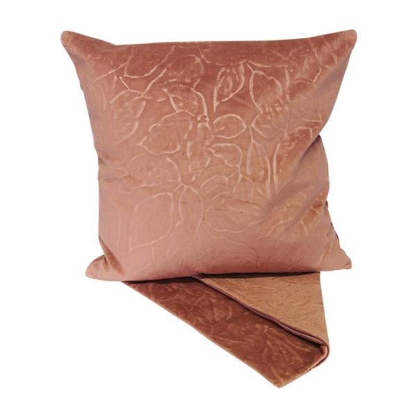 Elegant terracotta cushion cover with embossed leaves design, 44cm x 44cm, durable fabric, easy-access zip for washing.