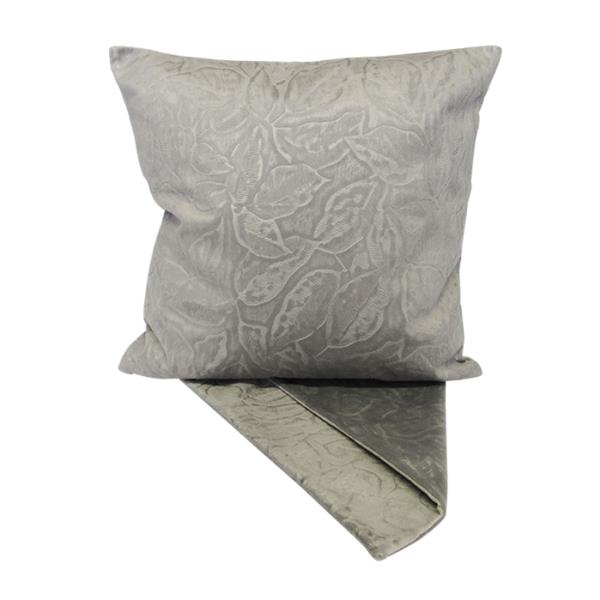 Elegant silver cushion cover with embossed leaf design, made from thick fabric, 44cm x 44cm, featuring easy-access zip.