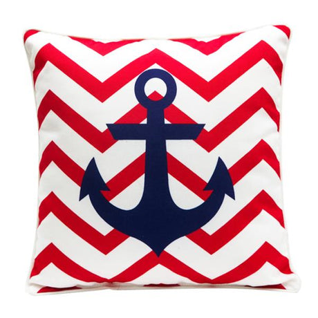 Cushion Anchor Wave: Stylish 44cm cushion with blue anchor design on red zigzag, offering comfort and nautical decor flair.