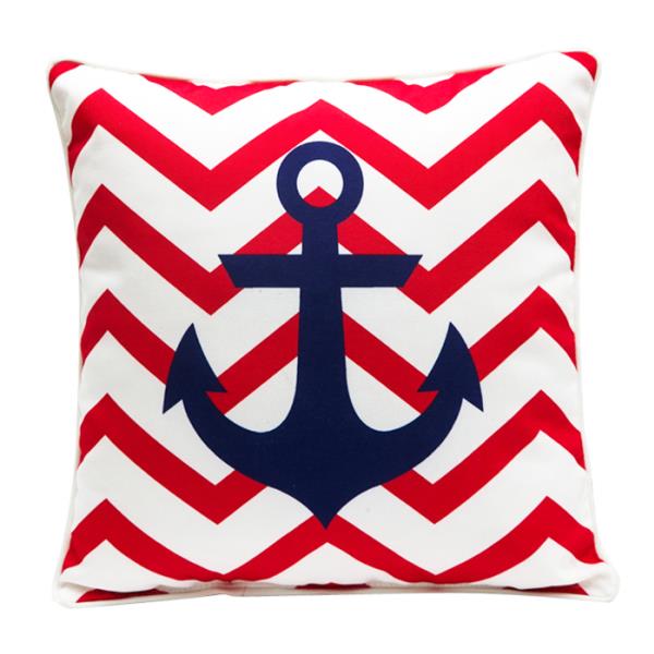 Cushion Anchor Wave: Stylish 44cm cushion with blue anchor design on red zigzag, offering comfort and nautical decor flair.